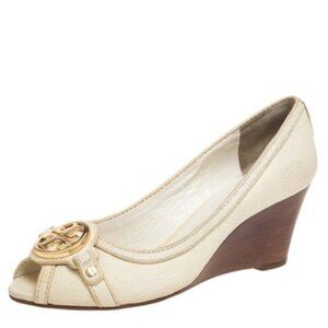 Tory Burch Off White Leather Logo Embellished Wedge Pumps Size 8